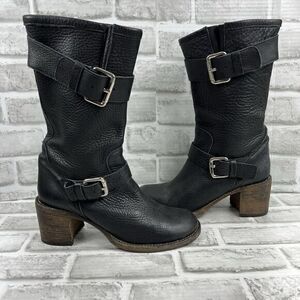 Bianco Easy Women 's 38 /7.5 US Black Leather Buckle Moto Mid Calf Chunky Boots